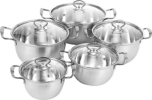 Holdfiturn 5pcs Stainless Steel Pot Professional Induction-Safe Stainless Steel Pot with Glass Lid Not-Sticky Hot Pot Double Ear Soup Pot for Most Hob Types