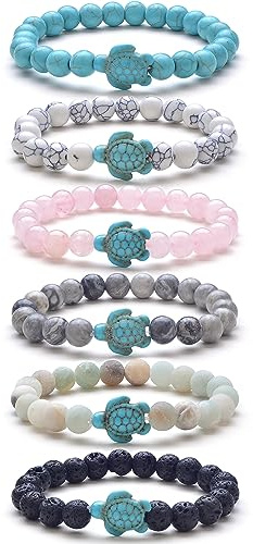 Tornito 6 x Meeresschildkröten-Perlenarmband, Naturstein, bunt, elastisch, Türkis, Stretch-Armband, Freundschaftsgeschenk für Damen und Herren, 8 mm