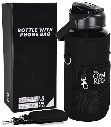 Gym Keg 2.2L Water Bottle Carrier with Shoulder Strap - Includes Phone Holder - Leak Proof - Bottle Holder Bag - Large Capacity - Gym Water Bottle with Sleeve for Active Lifestyle - Black