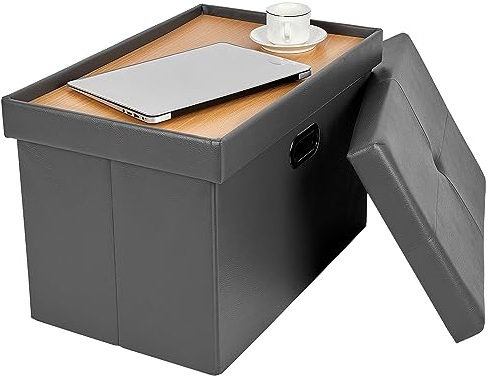 Sitzhocker mit Stauraum Faltbare, Hochwertiges Leder Pouf Hocker mit Stauraum als Fußablage & Couchtisch, Sitzwürfel mit Deckel für Schlafzimmer, Wohnzimmer, Diele, 43 x 38 x 60 cm(Dunkelgrau)