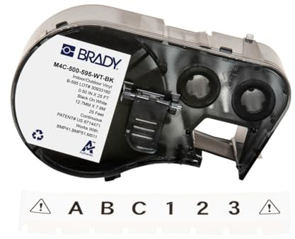 Brady Vinyl-Etikettenband für Etikettendrucker BMP41/BMP51/BMP53/M511, selbstklebende Druckeretiketten, Schwarz auf Weiß, 12,70 mm (B) x 7,62 m (L)) – M4C-500-595-WT-BK