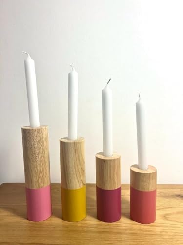 Terra Home Tischkerzenhalter 2in1 Kerzenständer Mehrfarbig, 4er Set Holz (für Adventskerzen geeignet, Rosa Gelb 4 er Set), Wende Kerzenhalter.Stabkerzen oder Teelichter-Adventskerzenhalter (Rosa)