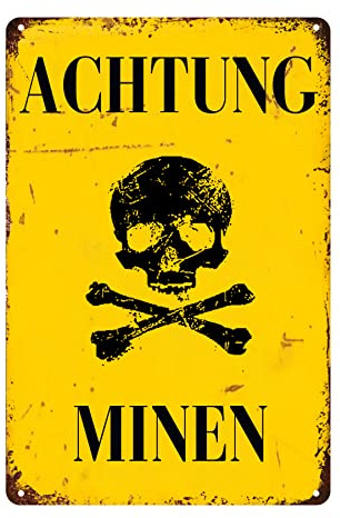 Achtung Minen Metallschilder Militär-Blechschild Warnung Minenmann Höhle Metallschild Plaketten Poster für Hofschild Garage Wanddekoration Schild 20 x 30 cm