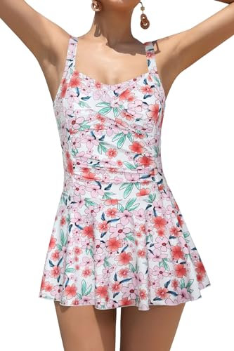 SHEKINI Maillot de bain une pièce rétro pour femme - Robe de bain élégante - Robe de bain plissée - Grande taille - Jupe de natation pour femme, Les fleurs roses, S