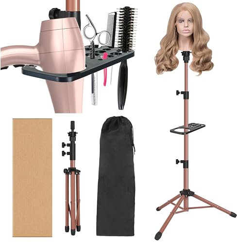 ZQIAN BEAUTY Wig Stand Tripod 50 Inch Metal Wig Mannequin Head Tripod Stand For Hairdressing Training Head Adjustable Wig Tripod Stand with Tool Tray (Latte, Mannequin Head Not Included)