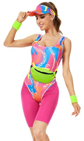 AJGEGJE 80er Jahre Outfit Damen, 80er Jahre Workout Kostüm, 80er Jahre Accessoires mit Bauchtasche, Sonnenblenden Hut, Handgelenkbänder, Movie Skating Kostüm für Halloween Cosplay (XXL)