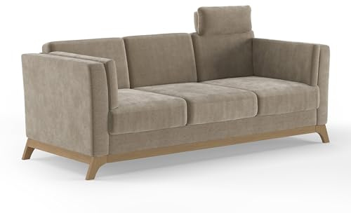 Cavadore 3er-Sofa Vida / 3-Sitzer Couch im trendigen Design mit massivem Holzrahmen in Buche, Kopfstütze mit Kuschelkissen / 213 x 84 x 93 / Mikrofaser, Perlbeige