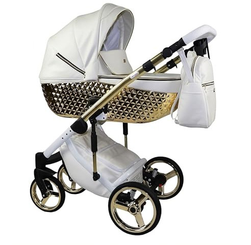Happy Gold Trio BBtwin Kinderwagen aus Kunstleder, 3-teilig, 3-in-1, Leder und goldfarbene Details (weiß)