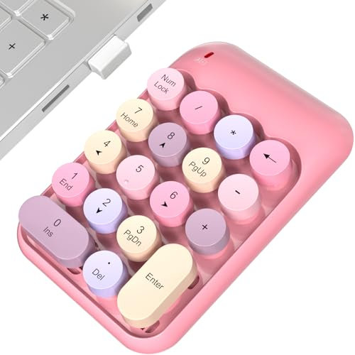 MOWUX Pavé numérique sans fil, joli pavé numérique coloré 2,4 GHz, extensions de clavier à 10 chiffres de touches pour ordinateur portable, ordinateur de bureau, PC (rose)