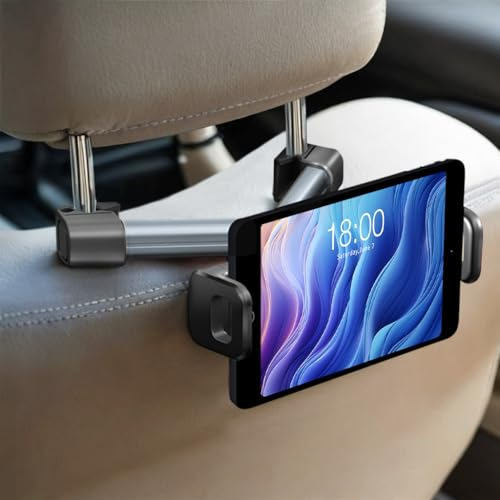 CLM-Tech Tablet Halterung Auto Kopfstütze - Kopfstützenhalterung mit 360 Grad Drehung - Handyhalterung für den Auto Rücksitz - Ausziehbar für 4-14 Zoll Tablets und Smartphones, grau schwarz