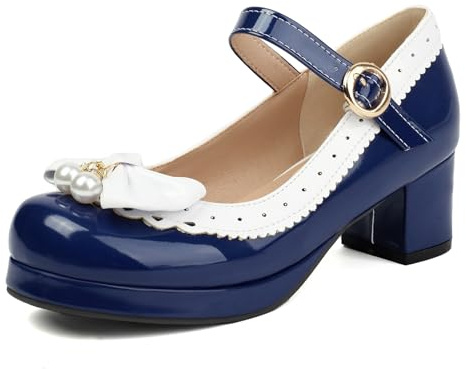 Damen Blockabsatz Mary Jane mit Plateau T-Spange Zweifarbig Mitte Absatz Schuhe Runde Zehen Schnalle Elegant Pumps, Gr 33.5-46