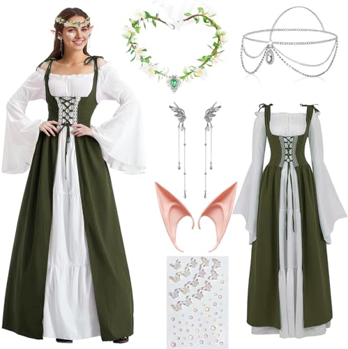 LIEOLGOH Damen Mittelalter Renaissance Kleid, Gothic Retro Kleidung Trompetenärmel mit Elfenohren Haarschmuck Ohrclips Socken für Fasching Halloween (L-XL)