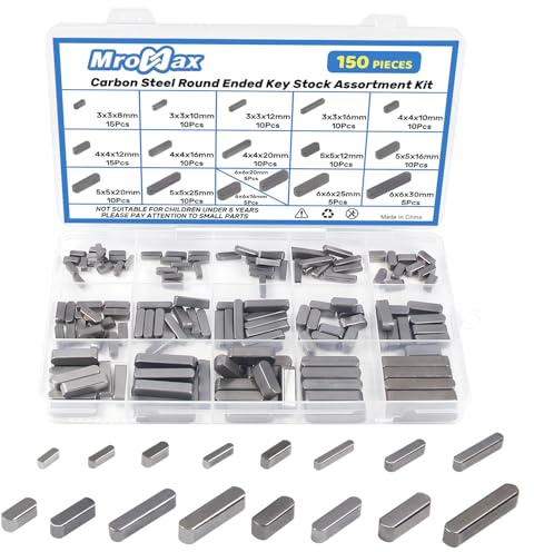 MroMax 150Pcs Round Ended Feather Key 16 Sizes Parallel Drive Shaft Keys Set Carbon Steel Key Stock Assortment Keyway for Golf Carts, Go Carts, Tablesaw Motor Pulley and Smaller Engines(8mm-30mm)