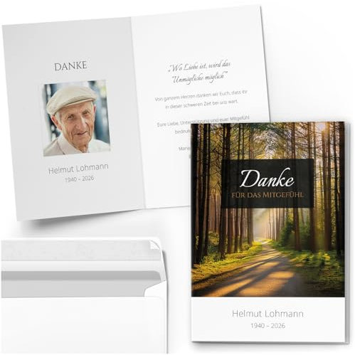 10 PERSONALISIERTE Trauer Danksagungen Dankeskarten mit eigenem Text und Foto | Individuell anpassbare Trauerkarten mit Briefumschlägen | Wald Lichtung Friedwald Baum Bäume Natur