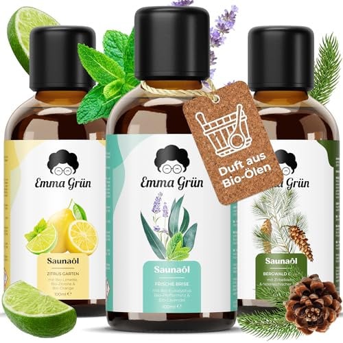 Emma Grün® Bio Saunaaufguss Set 3x 100ml [MIT BIO ZITRUSÖLEN, EUKALYPTUS & ZIRBENÖL] - Ätherische Öle Sauna Set - Saunaduft Aufgussmittel mit Zitrusfrüchten, Menthol & Latschenkiefer - Bio Saunaöl
