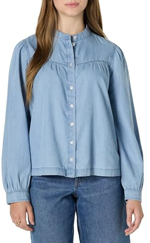 Amazon Essentials Women's Relaxed-Fit Denim Chambray Long-Sleeve Blouse, Iced Blue Light Wash, XL