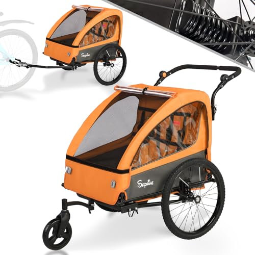 SEPNINE® 2 in 1 Kinderanhänger & Kinderwagen mit Federung, Fahrradanhänger für 1 bis 2 Kinder max, Joggerfunktion, Faltbar, Geräumiger Kofferraum (Orange)