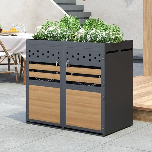 Lot de 2 cache-poubelles avec toit pour plantes, 120-240 l, porte anthracite aspect bois avec possibilité d'extension, boîte de rangement pour poubelles (2 pièces)