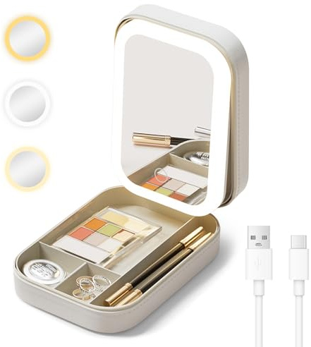 Cuteefun Espejo Portatil con Luz, Organizador Maquillaje Blanca con Espejo | Luz LED de 3 Colores, Atenuación de Pantalla Táctil, Recargable por USB, Ideal para Dormitorio, Baño, de Viaje