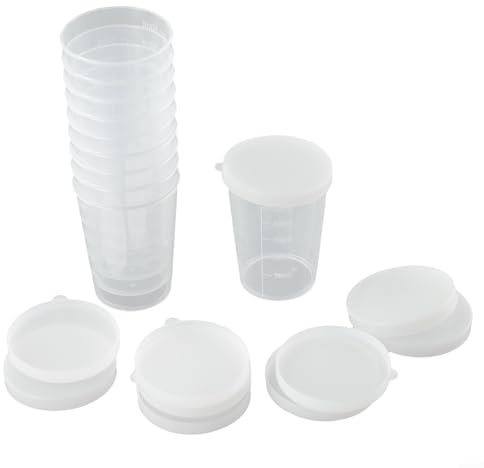 Juego de tazas medidoras de plástico transparente con tapas, 10 piezas de herramientas de cocina graduadas para medición de líquidos y muestras (30 ml, 50 ml, 100 ml)
