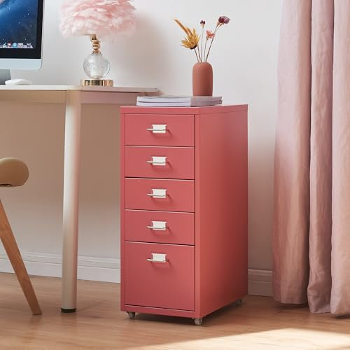 [en.casa] Rollcontainer Kökar Schubladenschrank Metall Aktenschrank mit 5 Schubladen Bürowagen mit Rollen für Arbeitszimmer 69 x 28 x 41 cm Wassermelonenrot