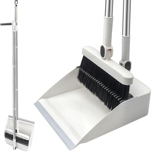 Broom and Dustpan Set, Long Handled Sweeping Brush and Upright Standing Dust Pan with Comb Teeth for Indoor Home Kitchen Lobby Garden Office Room (white)