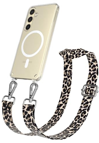 EAZY CASE Handykette - Verstellbares Taschenband kompatibel mit Galaxy S24, Schulterriemen, Handykordel mit Silikon Hülle, Qi Charging kompatibel, Umhängetasche, Leo - Schwarz Beige Metall Silber
