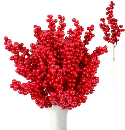 SULOLI Christmas Red Berries,20Pieces Christmas Holly Berries Branch Artificial Fruits for Xmas Wreaths decorations