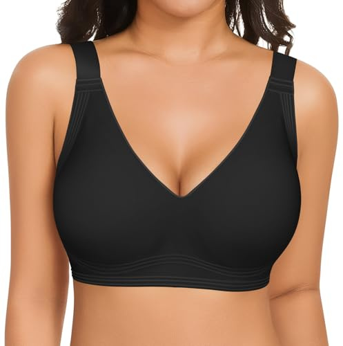 UMIPUBO Reggiseno Senza Ferretto Donna Reggiseni Senza Cuciture Comodo Push Up Scollo a V Imbottito Basic a Copertura Totale T-Shirt Intimo Bralette con Bra Estensione (Nero, S)