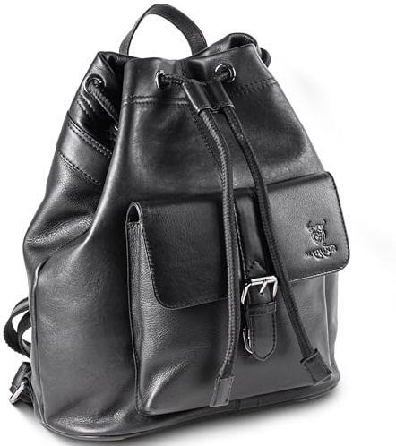 MATADOR Rucksack Tasche 2 in 1 Damen Leder #ROM, Stilvoller Rucksack Damen Schwarz für Alltag, eleganter Cityrucksack oder Lederrucksack, Robuste Rucksackhandtaschen mit Kordelzug, Schwarz Nappa