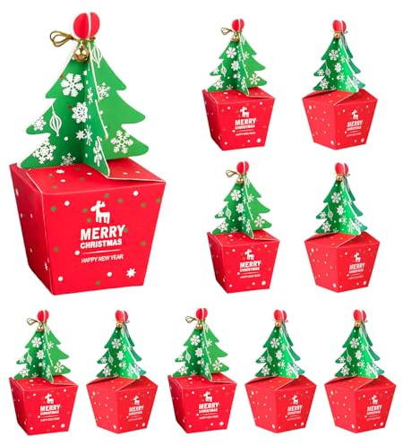 10 Stück Weihnachtsgeschenkboxen, 3D Weihnachtsbaum Candy Boxen mit Glocke und Goldfaden, Papier Geschenkboxen für Süßigkeiten, Cupcakes, Pralinen, Weihnachts Party Deko