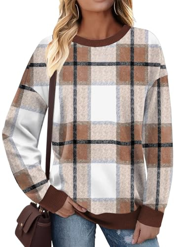 Cuptacc Sweatshirt Damen 2025 Mode Weihnachten Ausgefallene Vintage Dünn Bunte Langarmshirt Oberteil Lässige Oversized Sweatshirt Damen Braune Karos XXL