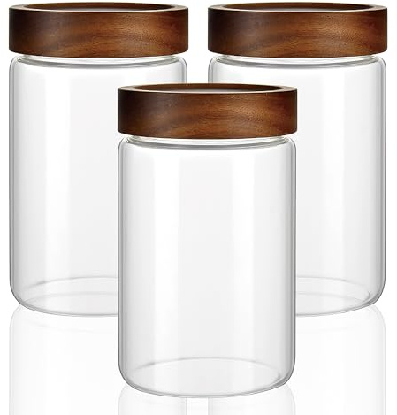 INCETUE Barattoli in vetro con coperchi in legno, contenitori ermetici trasparenti da 850 ml (set da 3) con tappo a vite, contenitori da cucina per chicchi di caffè, biscotti, decapaggio, pasta