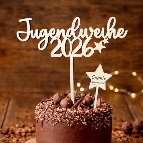 Tortendeko Jugendweihe 2026 aus Holz, Tortenstecker Stern Cake Topper Jugendweihe Deko Junge Mädchen