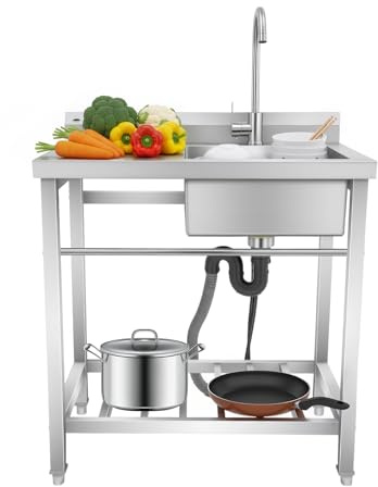 Fregadero independiente, 80 x 55 x 84 cm, de acero inoxidable, fregadero de cocina, multifunción, con grifo, armario inferior, área de goteo, capacidad de carga de 100 kg, para cocina, lavandería