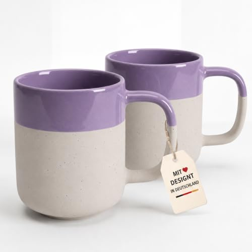 PandaCeramic Becher 2er Set Lavendel Blossom, 320 ml, lavendel & naturbeige | Keramik Kaffeebecher mit Henkel, matte raue Oberfläche, glänzend glasiert, spülmaschinen- & mikrowellengeeignet