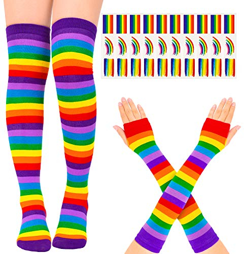 Whaline Dicke Kniestrümpfe in Regenbogenfarben, gestreift, Armwärmer, Handschuhe mit 30 Stück Gay-Pride-Tattoos für Frauen und Mädchen, Cosplay, Party, Zubehör, Parade, Dekoration, Größe M