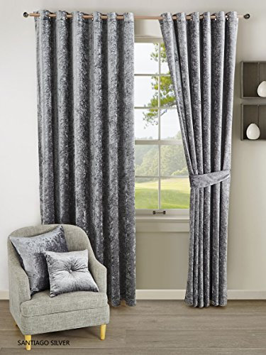 swift Crushed Velvet Curtain Sound Proof Thermal Insulated Curtains 2 panels for Bedrooms, Study Rooms with Fully Lined Ring Top Eyelet Tiebacks Silver Grey W 46 x L 54 inchches