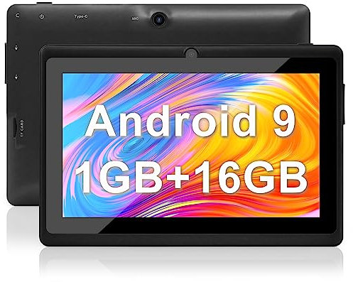 Haehne 7 Inch Tablet PC, Android 9.0 GMS, 1024 * 600 HD Display Screen, 1GB+16GB Quad Core, Dual Cameras 2.0MP+0.3MP, WiFi, Bluetooth,Black