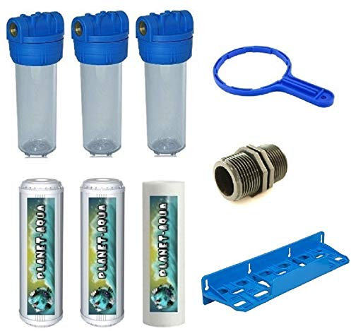 Planet-Aqua 3er Filtergehäuse Set 10 Zoll Gehäuse 1 Gewindeanschluss Zubehör inkl. Kakfilter Eisenfilter Sedimentfilter Wasserfilterung Hauswasserwerk Filteranlage Poolfilter