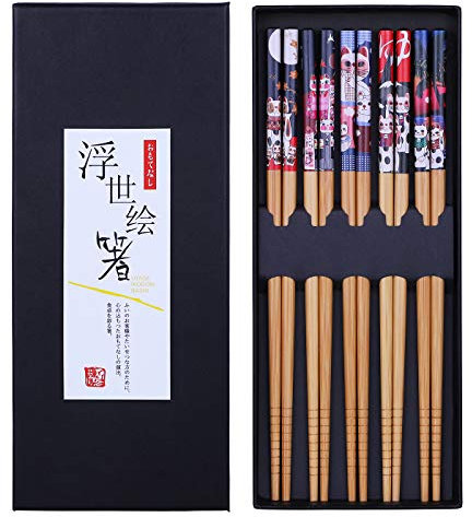 Antner Bamboo Chopsticks Gift Set – 5 Pairs Japanese Style Reusable Natural Bamboo Chopsticks, Lucky Cat Style