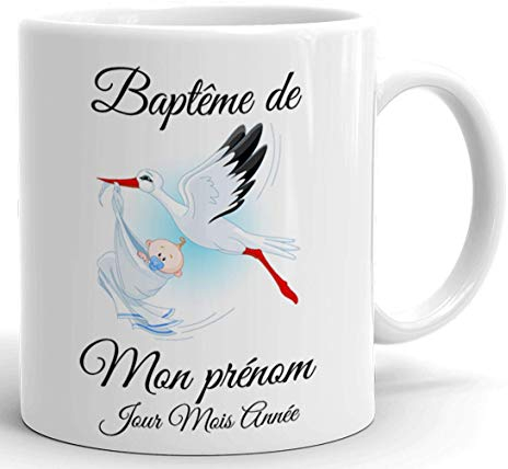 Tasse Mug Cadeau Baptême Personnalisable Prénom et Date - Cigogne portant un Bébé - à Personnaliser Naissance Enfant