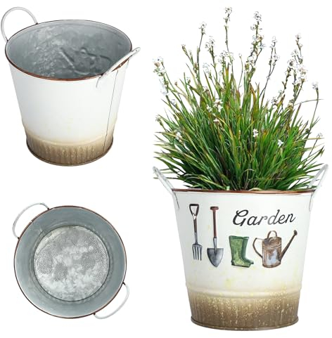 KADAX Blumentopf aus Metall, Blumentopf im Retro-Stil, Topf für Orchideen, Kräuter, Geranien, Blumenschale, Pflanzkübel (⌀ 14 cm, Rund, Mit Griffen)