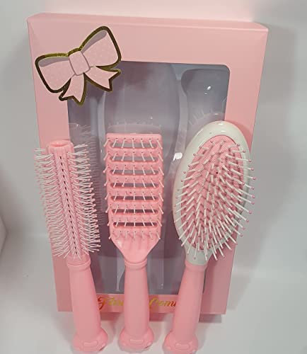 3 Pieces Hair Brush Comb Gift set For Women Lady Girls Anti Static Detangling Blow Drying straightening Hair Cushion Bristle Combs Hairbrush (Pink set)