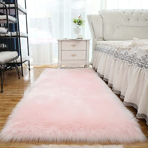 Faux Lammfell Schaffell Flauschig Teppich 45x45cm, Kunstpelz Teppich Wohnzimmer, Lange Haare Fell Optik Schaffell Bettvorleger Sofa Matte, Lammfellimitat Teppich, Rosa
