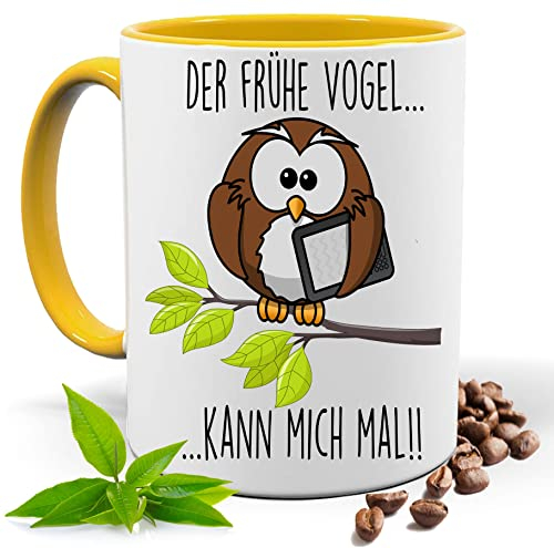 Blickfang Lustige Tasse mit Spruch |DER FRÜHE VOGEL KANN MICH MAL!! | Eule, UHU| Kakao- Kaffee- Tee- Fototasse| Geschenke für männer frauen Keramik |Spülmaschinenfest (Gelb)