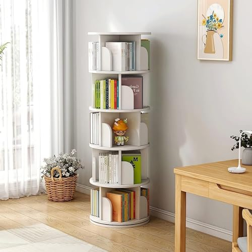 Nisorpa Drehbares Bücherregal mit 5 Etagen, um 360 Grad drehbar, freistehend, drehbar, Eckregale für Zuhause, Büro, Wohnzimmer, Schlafzimmer, Weiß