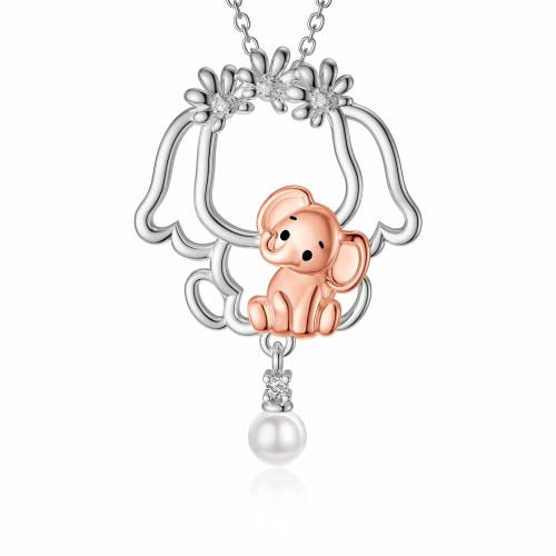 Shusukue Elefant Kette 925er Silber Elefanten Mutter Tochter Halskette mit Perlen Schmuck Mutter Geschenk für Mama Mädchen Damen Frauen