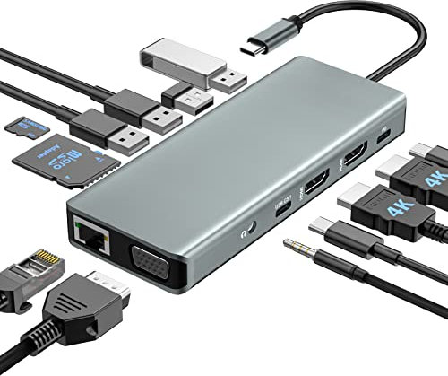 PWAYTEK USB C Docking Station & Hub 13 in 1, 2x4K HDMI, VGA, Triple Monitor, 100W PD, 5Gbps USB 3.0, SD/TF, Ethernet, 3.5mm Audio, Laptop Adapter - Mac/Win Compatible