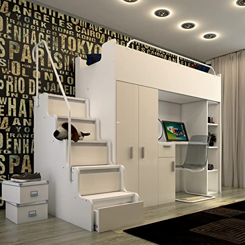 Marlux-Meble Hochbett JSM-4 90x200 mit Kleiderschrank Schreibtisch und Treppe Hochglanz Kinderbetten Funktionsbett Etagenbett Stockbett Kinderhochbett Jugendhochbett (Beige Glanz)